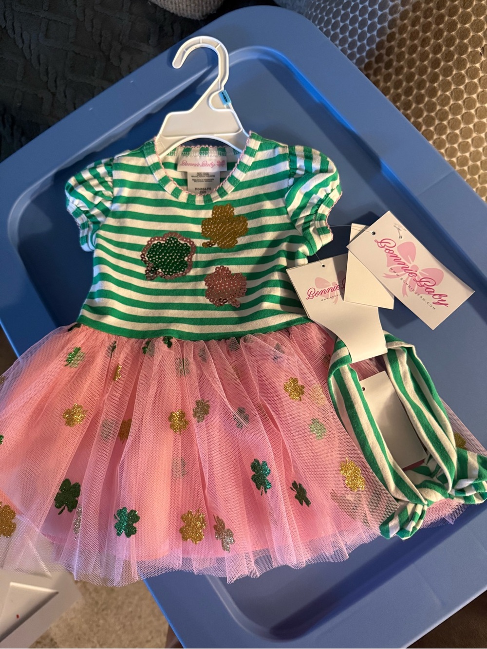 Bonnie Baby Green Stripe & Pink Tulle Shamrock Dress 6-9mo NWT